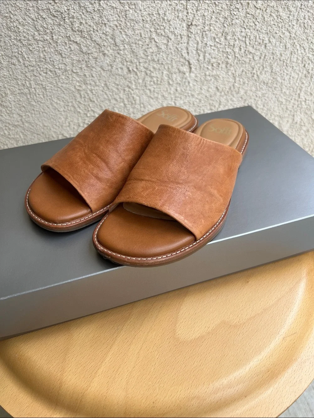 Sofft Tan Leather Slide Sandals